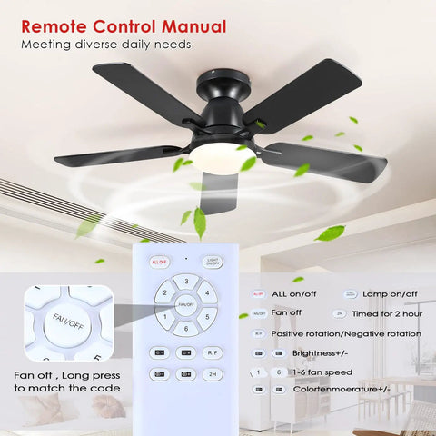 46 Inch Black Ceiling Fan With Lights And Remote, Low Noise Flush Mount Modern Low Profile Ceiling Fan With Dimmable Light And Reversible Blades, shown in use with remote control.