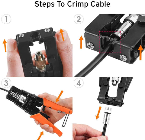 Coax Cable Crimping Tool Kit With 3 Adapters F BNC RCA Universal RG58 RG59 RG6 Cutter showing steps to crimp a cable.