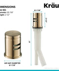 Illustration of Dishwasher Air Gap In Brushed Gold Kit with dimensions, 9 inch height, 1 7/8 inch diameter, and durable structure.