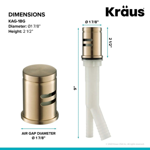 Illustration of Dishwasher Air Gap In Brushed Gold Kit with dimensions, 9 inch height, 1 7/8 inch diameter, and durable structure.