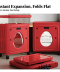 No Sweat Mobile Storage Bin With Flip Top Lid, Foldable Plastic Closet And Nursery Organizer Tote in red, showcasing space-saving design.