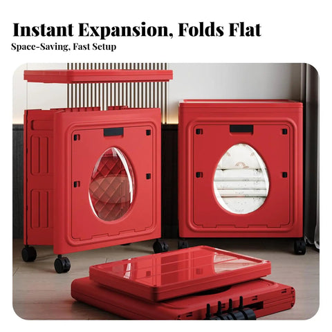No Sweat Mobile Storage Bin With Flip Top Lid, Foldable Plastic Closet And Nursery Organizer Tote in red, showcasing space-saving design.