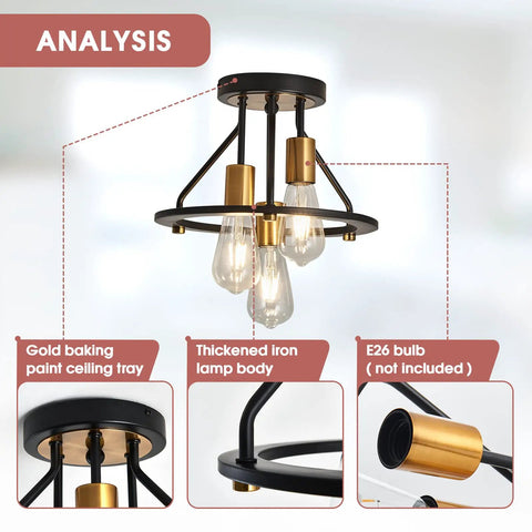 Industrial Semi Flush Mount Ceiling Light Fixture Three Light Dope Matte Black And Gold Chandelier E26 Farmhouse Ceiling Lamp