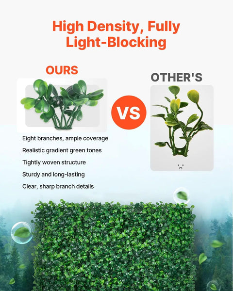 Comparison of artificial boxwood panels showing high-density, fully light-blocking design vs lower density with clear details.
