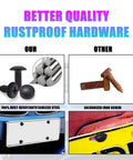 Lock Down Rustproof License Plate Screws Kit With Heavy Duty Anti Vibration Bolts And Theft Proof Covers comparison of stainless vs rusted screws.
