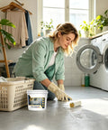 Woman applying Epic High Gloss Colored Epoxy Garage Floor Paint Kit With Durable Concrete Sealer For Marble Texture Finish.