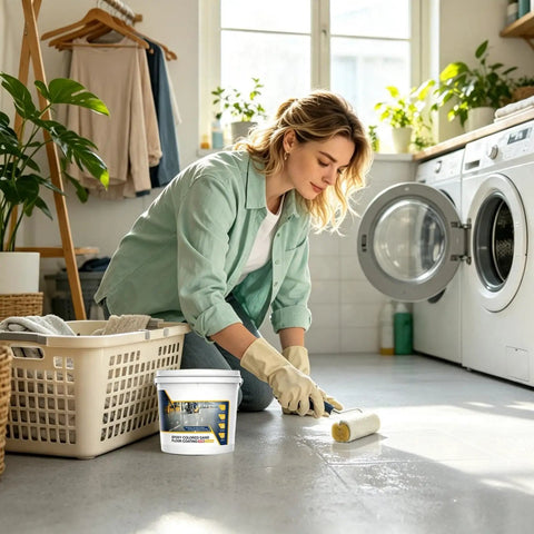 Woman applying Epic High Gloss Colored Epoxy Garage Floor Paint Kit With Durable Concrete Sealer For Marble Texture Finish.
