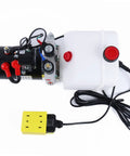 3 Quart Double Acting Hydraulic Pump 12V DC4442 For Dump Trailers And Tipper Systems Hydraulic Jacks Lift Tables Dump Bodies Leveling Equipment And Power Units side view with reservoir and wired remote