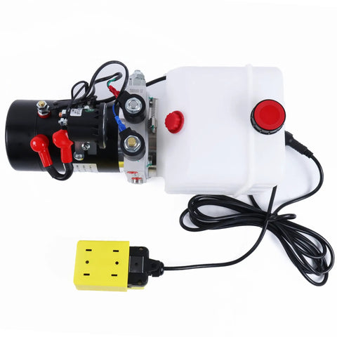 3 Quart Double Acting Hydraulic Pump 12V DC4442 For Dump Trailers And Tipper Systems Hydraulic Jacks Lift Tables Dump Bodies Leveling Equipment And Power Units side view with reservoir and wired remote