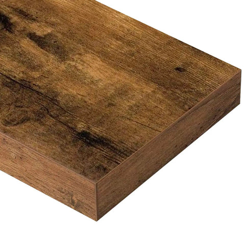 Close-up of corner detail on rustic brown MDF shelf, part of Floating Wall Shelves Set of 2, Extra Long 35.4 Inch Wide by 9.3 Inch Deep