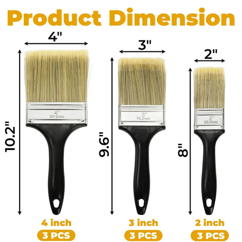 Image of 3 brushes from 9 Pack Flat Paint Brush Set For Walls And DIY Projects 2 Inch 3 Inch 4 Inch Brushes With Soft Rayon Bristles