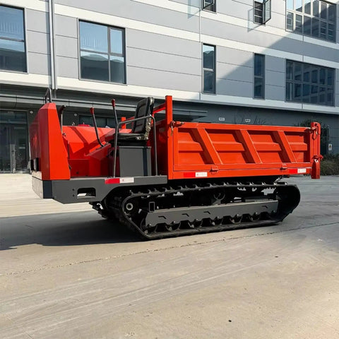 Heavy Duty Mini Crawler Dumper Workhorse With Kickass Hydraulic Dump Bed And Grippy Steel Tracks parked on a job site.