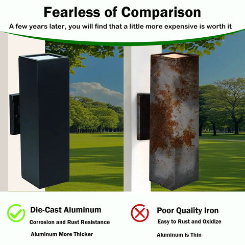 Up And Down Outdoor Wall Light With Dusk To Dawn Sensor Pack Of 2 Matte Black Exterior Sconces For Front Porch Patio Garage IP65 Weatherproof ETL Listed Easy Install No Fuss Modern Outdoor Lighting vs rusted iron light comparison