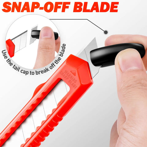 30 Pack Retractable Box Cutter Utility Knife With 18mm Snap Off Blades Economical Disposable Blades Comfortable Grip Ready To Cut In Home Office Garage Perfect For Cardboard Packing DIY Projects, red blade close-up