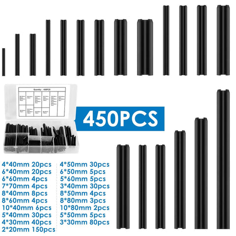 Pro Grade 450 Piece Stainless Steel Roll Pin Assortment Set With Slotted Hollow Spring Pins, Storage Case, various sizes shown