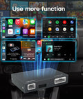 Toyota Wireless CarPlay And Android Auto Adapter Upgrades Your Ride With Entune Two Point Zero Touch Two Retrofit Kit For 2014 To 2019 Models Works With Tundra Highlander RAV4 Tacoma Camry Corolla Avalon Prius CHR Sienna And More displayed with dashboard interface images