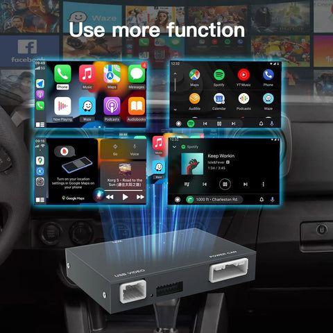 Toyota Wireless CarPlay And Android Auto Adapter Upgrades Your Ride With Entune Two Point Zero Touch Two Retrofit Kit For 2014 To 2019 Models Works With Tundra Highlander RAV4 Tacoma Camry Corolla Avalon Prius CHR Sienna And More displayed with dashboard interface images