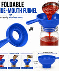 Blue wide-mouth funnel pouring sauce, part of 3 Piece Canning Starter Kit For Beginners With Food Grade Stainless Steel Jar Lifter Wide Mouth Funnel And Magnetic Lid Lifter Easy To Use And Durable Assembled In USA Blue.