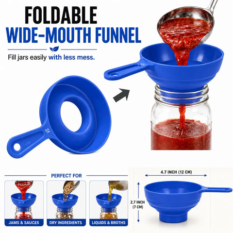 Blue wide-mouth funnel pouring sauce, part of 3 Piece Canning Starter Kit For Beginners With Food Grade Stainless Steel Jar Lifter Wide Mouth Funnel And Magnetic Lid Lifter Easy To Use And Durable Assembled In USA Blue.