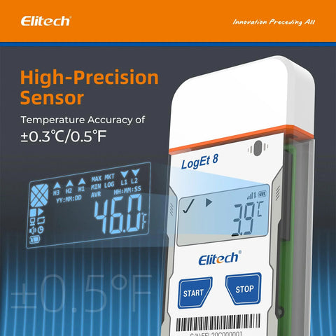 Elitech LogEt 8 USB temperature data logger with white body, orange cap, blue Start/Stop buttons