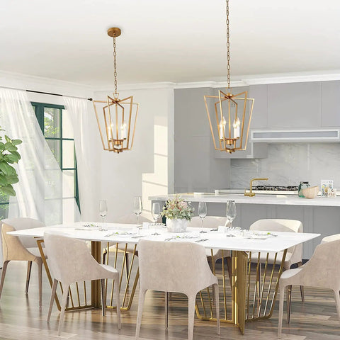 Gold Chandelier With Rotatable Geometric Frames, 4 Light Modern Lantern Pendant for dining room with brushed gold finish