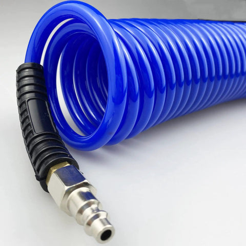 Flexible Polyurethane Recoil Air Hose, One Quarter Inch Inner Diameter, Ten Feet Blue With Bend Restrictor And Industrial Quick Coupler