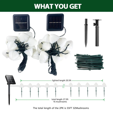Two Pack 32 LED Mushroom Solar String Lights, 55 Ft Outdoor Waterproof Garden Decoration With 8 Lighting Modes display
