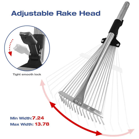 Adjustable Metal Leaf Rake With Telescoping Handle showing adjustable rake head and width range for lawn and garden cleanup.
