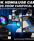 Ultra Clear 4K USB HDMI Camera With Manual Zoom And Variable Focus Featuring 5 To 50mm Lens Built On IMX415 Sensors Runs Buttery Smooth Makes Your Streaming Rig Look Dope For CCTV, showcasing camera lens and connections.
