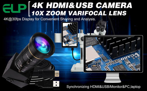 Ultra Clear 4K USB HDMI Camera With Manual Zoom And Variable Focus Featuring 5 To 50mm Lens Built On IMX415 Sensors Runs Buttery Smooth Makes Your Streaming Rig Look Dope For CCTV, showcasing camera lens and connections.