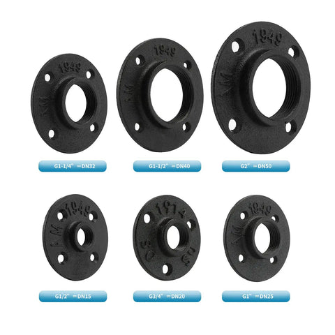 Different sizes of black iron pipe flanges. Includes the product: 3/4 Inch Black Painted Floor Flange Set, 20 Pack With 4 Bolts.