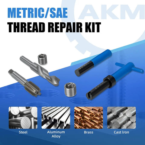 15 Piece M20x2.5 Metric Thread Repair Kit With Stainless Steel Wire Coil Inserts For Durable High Strength Internal Threads In Aluminum And Other Metals Quick Fix For Stripped Holes In Auto Machinery And DIY Projects, showing various repair tools and inserts for steel, aluminum, brass, and cast iron