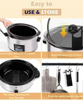 Premium Stainless Steel Slow Cooker Lid Holder And Crock Pot Stand Rack For No Sweat Daily Stewing, showing assembly and storage options.