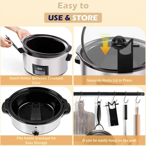 Premium Stainless Steel Slow Cooker Lid Holder And Crock Pot Stand Rack For No Sweat Daily Stewing, showing assembly and storage options.