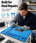 Premium Grade All Purpose Silicone Soldering Mat Delivers Heavy Duty Heat Blocking Up To 932 Degrees Fahrenheit For Zero Drama Phone Pc Circuit Board Repair Setup with organized tools.