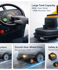 Beast Ride On Floor Scrubber For Large Spaces With A 45 Inch Cleaning Path Delivers About 70 000 Sq Ft Per Hour Dual Disc Brush 53 Gallon Water Tank Heavy Duty Floor Cleaning Machine For Warehouses Malls And Industrial Use showing control panel, large tank capacity, and dual disc brush system.