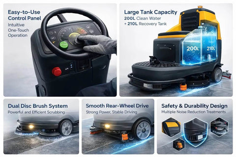 Beast Ride On Floor Scrubber For Large Spaces With A 45 Inch Cleaning Path Delivers About 70 000 Sq Ft Per Hour Dual Disc Brush 53 Gallon Water Tank Heavy Duty Floor Cleaning Machine For Warehouses Malls And Industrial Use showing control panel, large tank capacity, and dual disc brush system.
