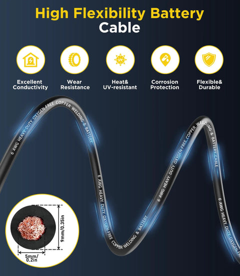 Six AWG Battery Cable Kit With Ten Foot Black And Ten Foot Red Copper Wire, Tinned Copper Lugs, Five Sixteenth Inch Lugs And Five Three Eighths Inch Lugs, Heat Shrink Tubing, Ideal For Auto Marine RV Solar