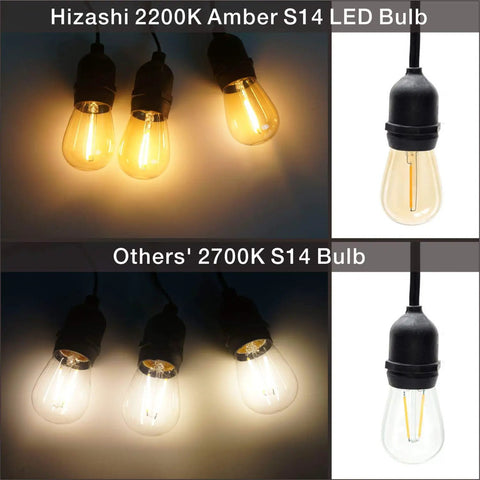 Comparison of 2200K and 2700K LED filament bulbs with E26 base, showcasing warm amber glow of 25 Pack S14 String Light Bulbs Replacement.