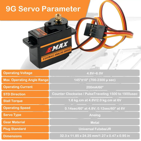 ES08MA II 12g Mini Metal Geared Analog Servo for RC Cars and Helicopters Pack of 4 with specs table and wiring