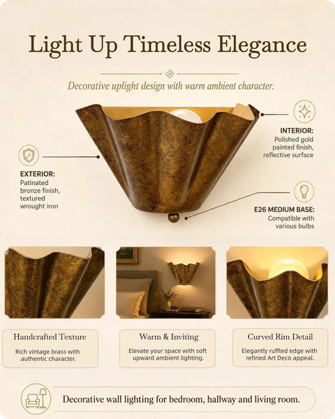 QUOLM Vintage Bronze Wall Sconce, Scalloped Uplight Wall Lamp, E26 with decorative bowl shade and textured bronze finish.