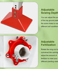 Close-up of adjustments on 2 In 1 Manual Double Cylinder Fertilizer Seeder Handheld Seed Spreader for planting depth and fertilization.