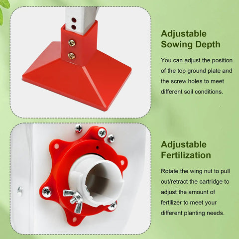 Manual Handheld Seed Spreader And Planter Tool adjustable sowing depth and fertilization features, red and white components visible.