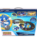 Box of Sonic And Tails RC Slot Car Set On Figure Eight Track With Working Lights, controllers, and 16 track pieces, kid-friendly.
