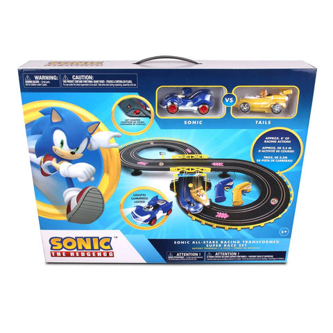 Box of Sonic And Tails RC Slot Car Set On Figure Eight Track With Working Lights, controllers, and 16 track pieces, kid-friendly.