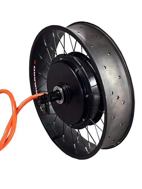 5000W Fat Bike Hub Motor Wheel For Electric Bicycle Ebike, 72V Brushless Rear Motor, 20x4.0 Fat Tire, side view with cables