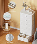 White Tall Dresser With Vertical Storage Tower And End Table Featuring Six Fabric Drawers And Drawer Organizer For Bedroom