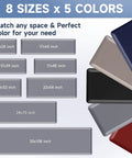 Eight sizes and five colors of memory foam kitchen mats, including 17x28 inch, displayed with a color swatch illustration.