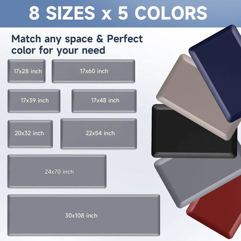 Eight sizes and five colors of memory foam kitchen mats, including 17x28 inch, displayed with a color swatch illustration.