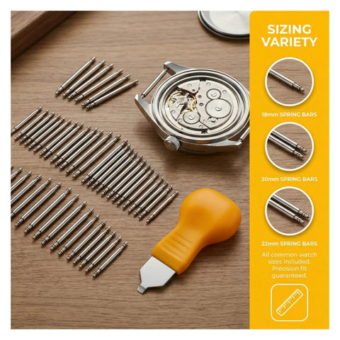 Ultimate 41 Piece Watch Repair Kit with spring bars, watch back, and gourd pry knife visible for quick strap swaps